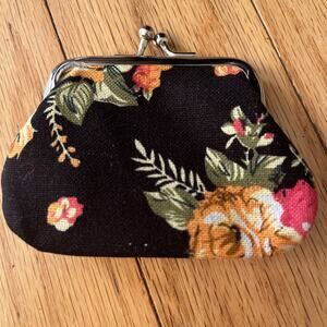 Black Floral Canvas Kisslock Coin Purse
